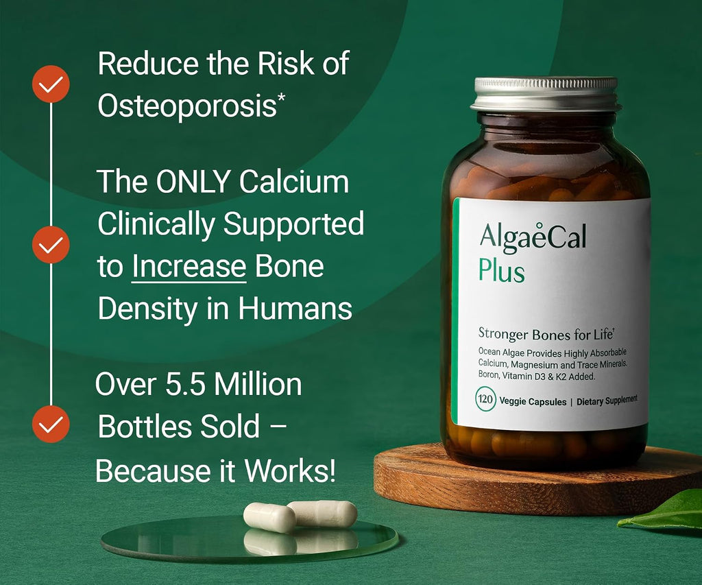 ALGAECAL Plus Calcium Supplement for Bone Density, D3 K2, 120 Caps, 3 Packs