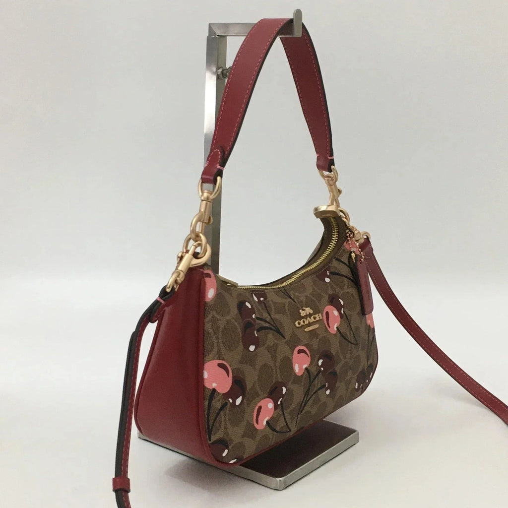 NWT Coach Teri Shoulder Bag CY694 Signature Canvas Cherry Print Tan Brown