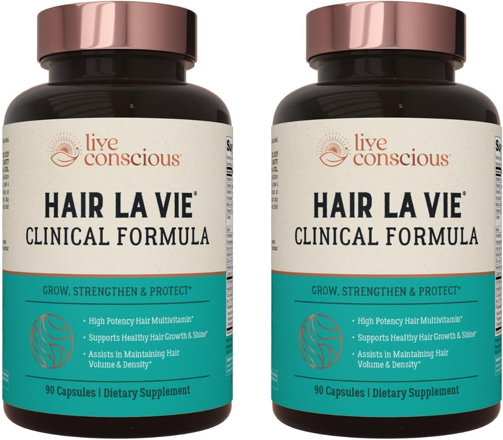 Live Conscious Hair La Vie Clinical Formula Hair Vitamins with Biotin, Collagen & Saw Palmetto – 90 Capsules Each, Pack of 2 (180 Total) – Factory Sealed