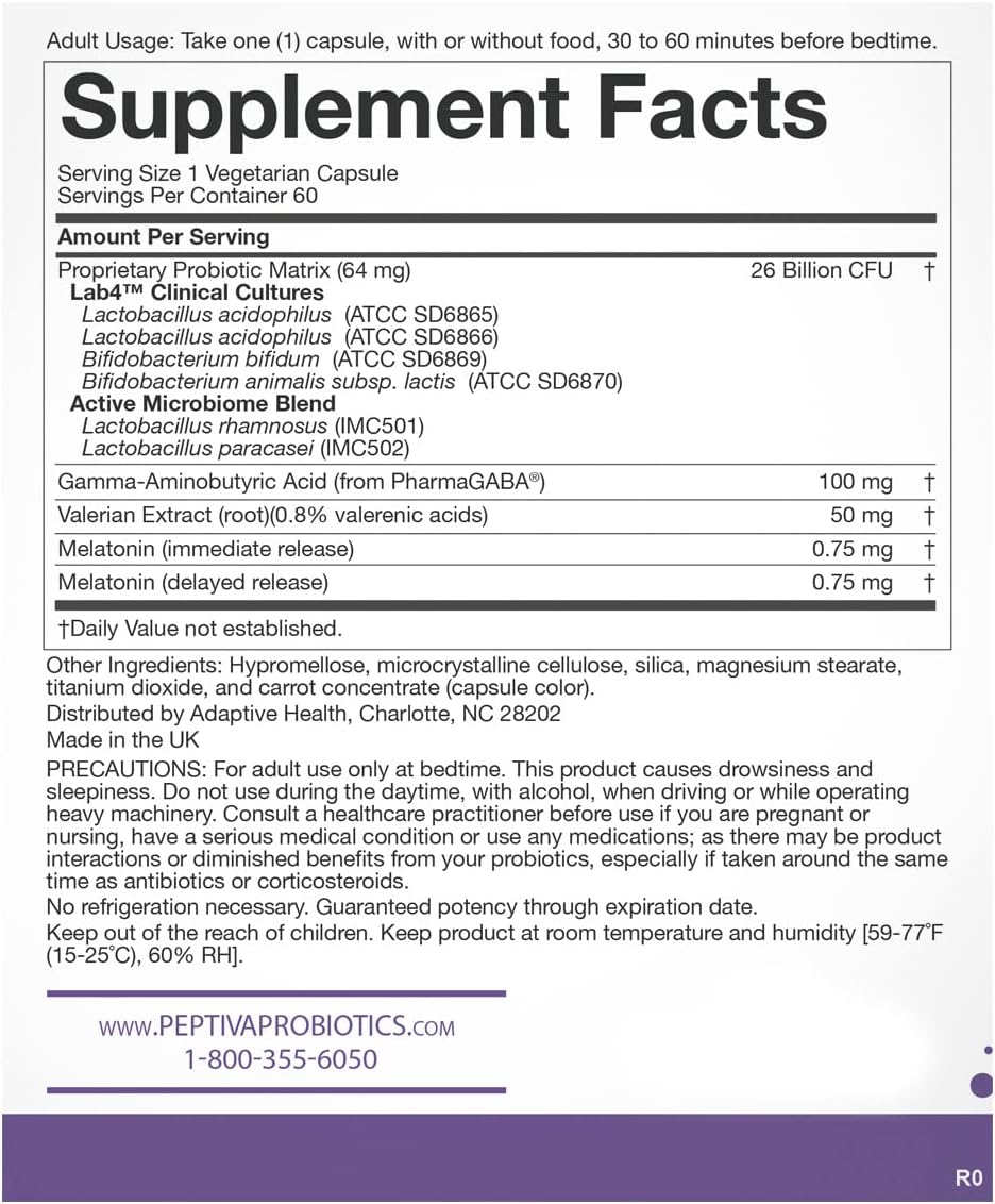 Peptiva Probiotics + Sleep Support 26 Billion CFU – 60 Vegetarian Capsules Each, Pack of 2 (120 Total) – Factory Sealed